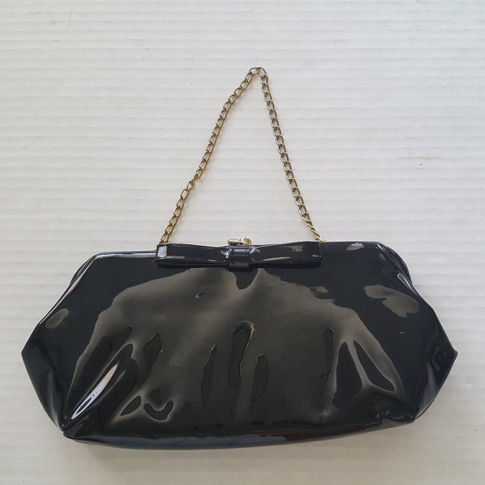 Vintage Shiny Black Patent Snap Clutch Handbag Purse Snap Closure Bow Detail